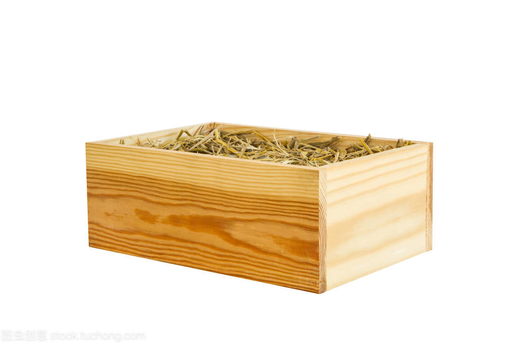 白色背景秸秆隔离木盒, 用于产品展示蒙太奇